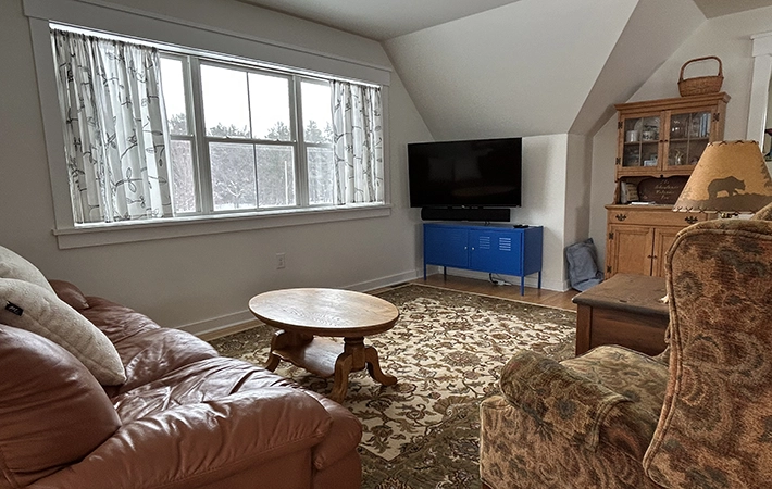 A cozy living room with a leather sofa, patterned armchair, wooden coffee table, patterned rug, TV on a blue stand, wood cabinet, and large window with white curtains letting in natural light.